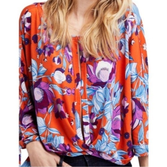 Free People Keepin On the Tie Side Orange Floral Oversized Top Size S - Picture 1 of 6